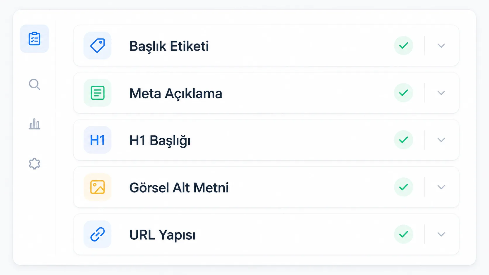 Sayfa içi SEO kontrol panelinde başlık etiketi, meta açıklama ve H1 alanlarının işaretlenmesi