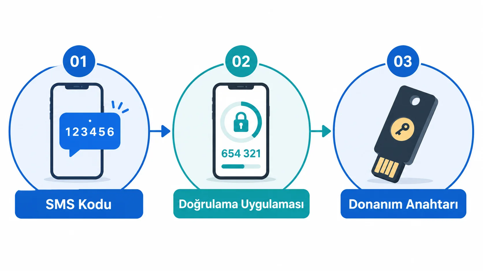 SMS, kimlik doğrulama uygulaması ve donanım anahtarını güvenlik seviyesine göre karşılaştıran şema