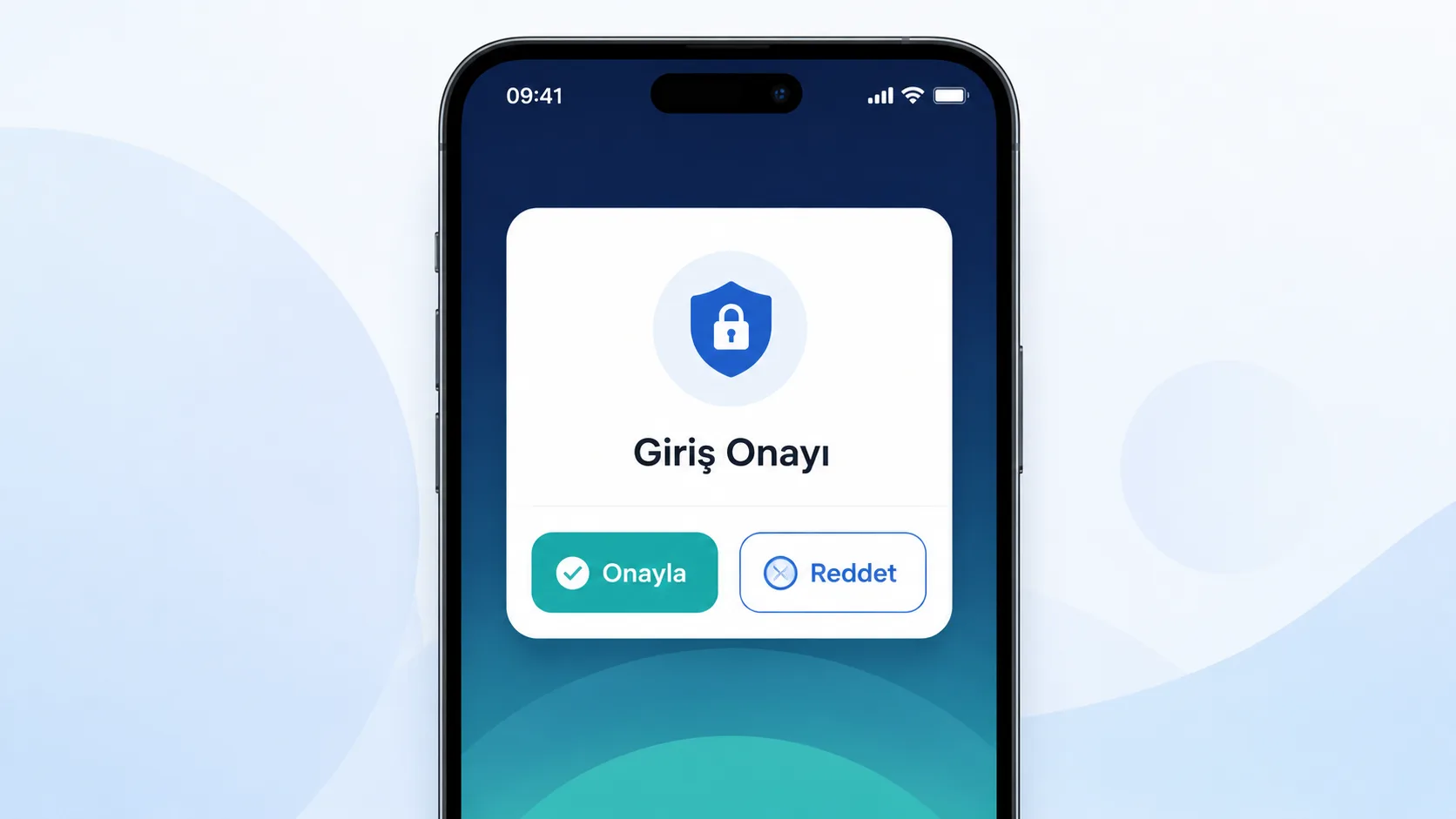 Telefon ekranında giriş onayı isteyen push bildirimini gösteren sade arayüz taslağı