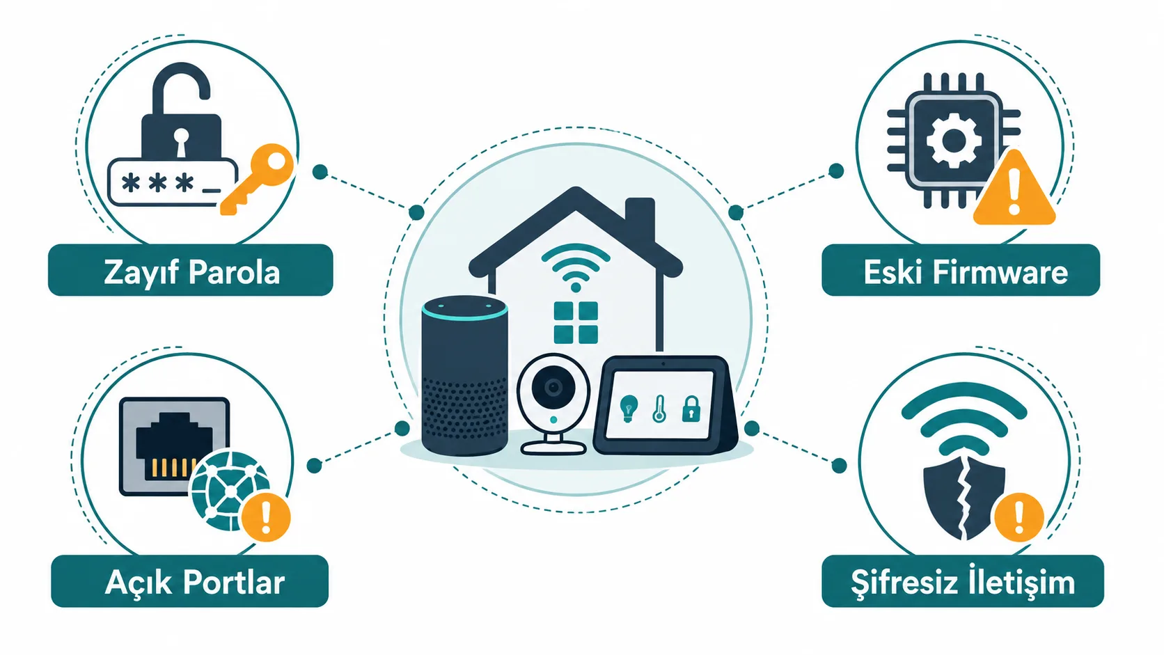 Zayıf parola, eski firmware ve açık portlar gibi yaygın IoT cihazı risklerinin listesi