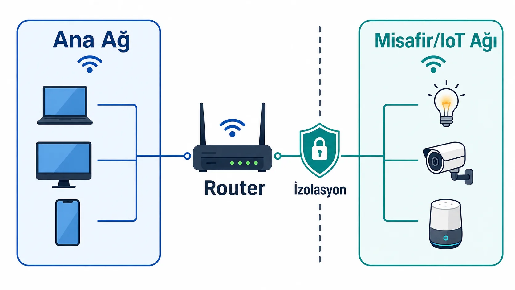 Ana ev ağı ile IoT cihazlarının ayrı bir misafir ağında izole edilmesini gösteren ağ segmentasyonu şeması