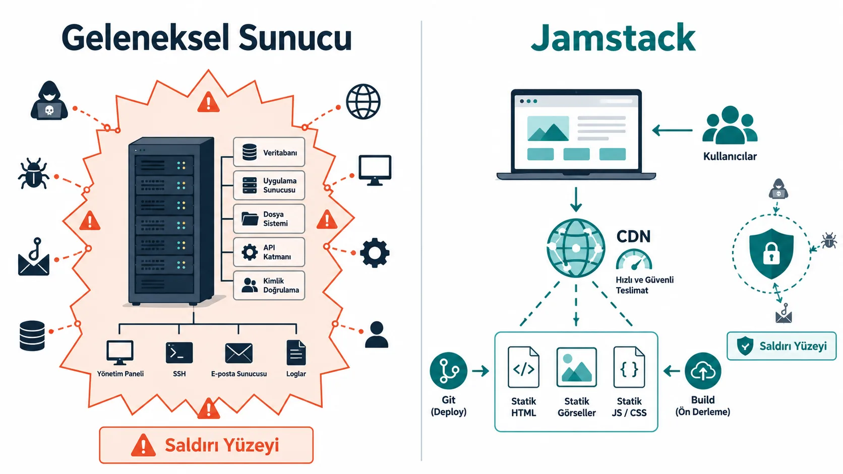 Jamstack ile geleneksel sunucu mimarisinin güvenlik yüzeyi karşılaştırması
