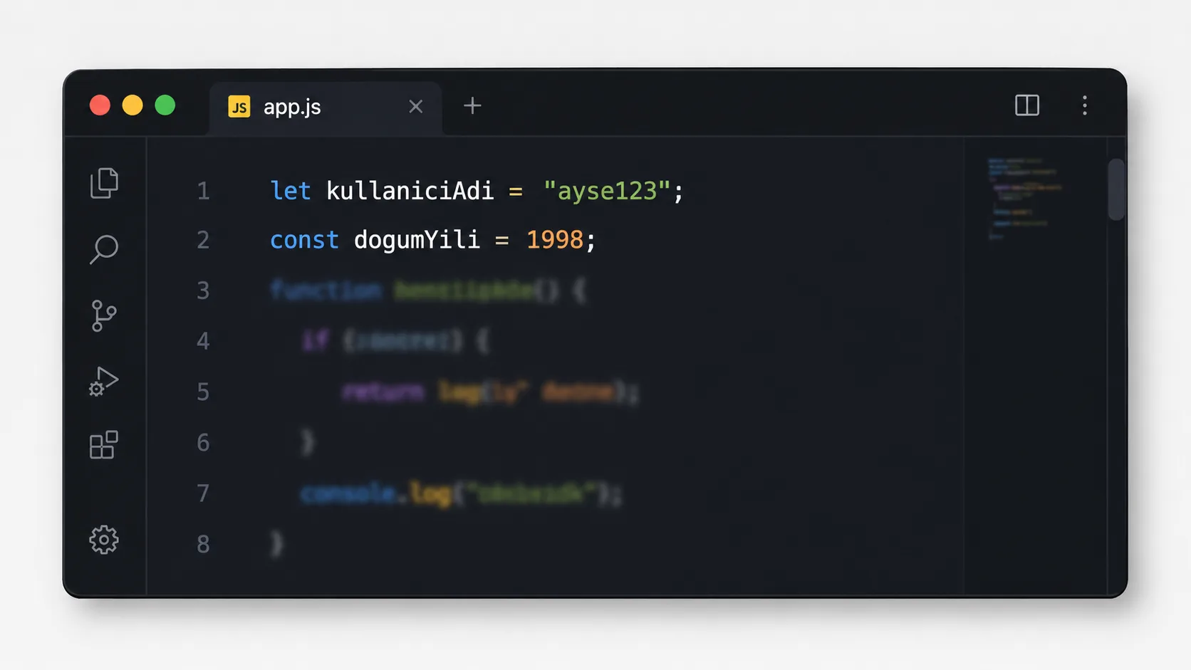 JavaScript'te let ve const ile değişken tanımlamayı gösteren kod editörü penceresi