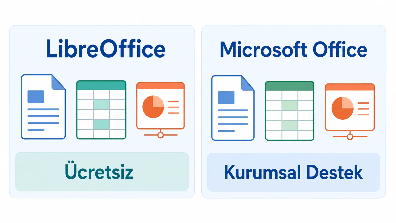 LibreOffice ve Microsoft Office uygulamalarının güçlü yönlerini karşılaştıran yatay infografik