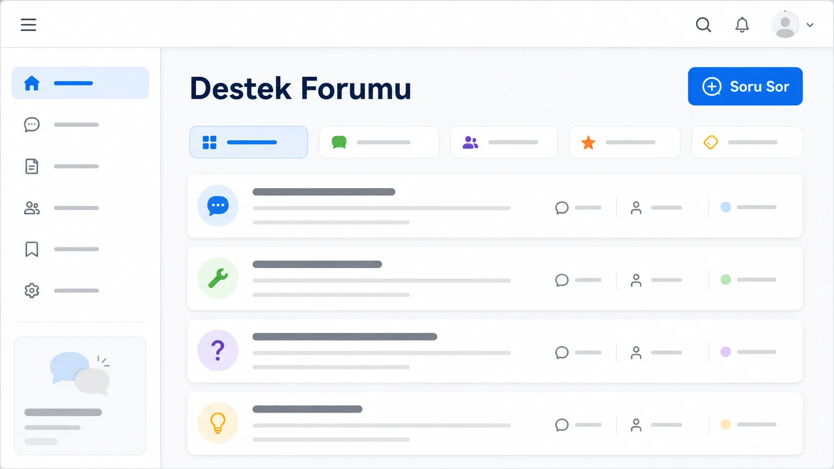 Bir ofis yazılımı destek ve topluluk forumu arayüzünün stilize ekran görüntüsü