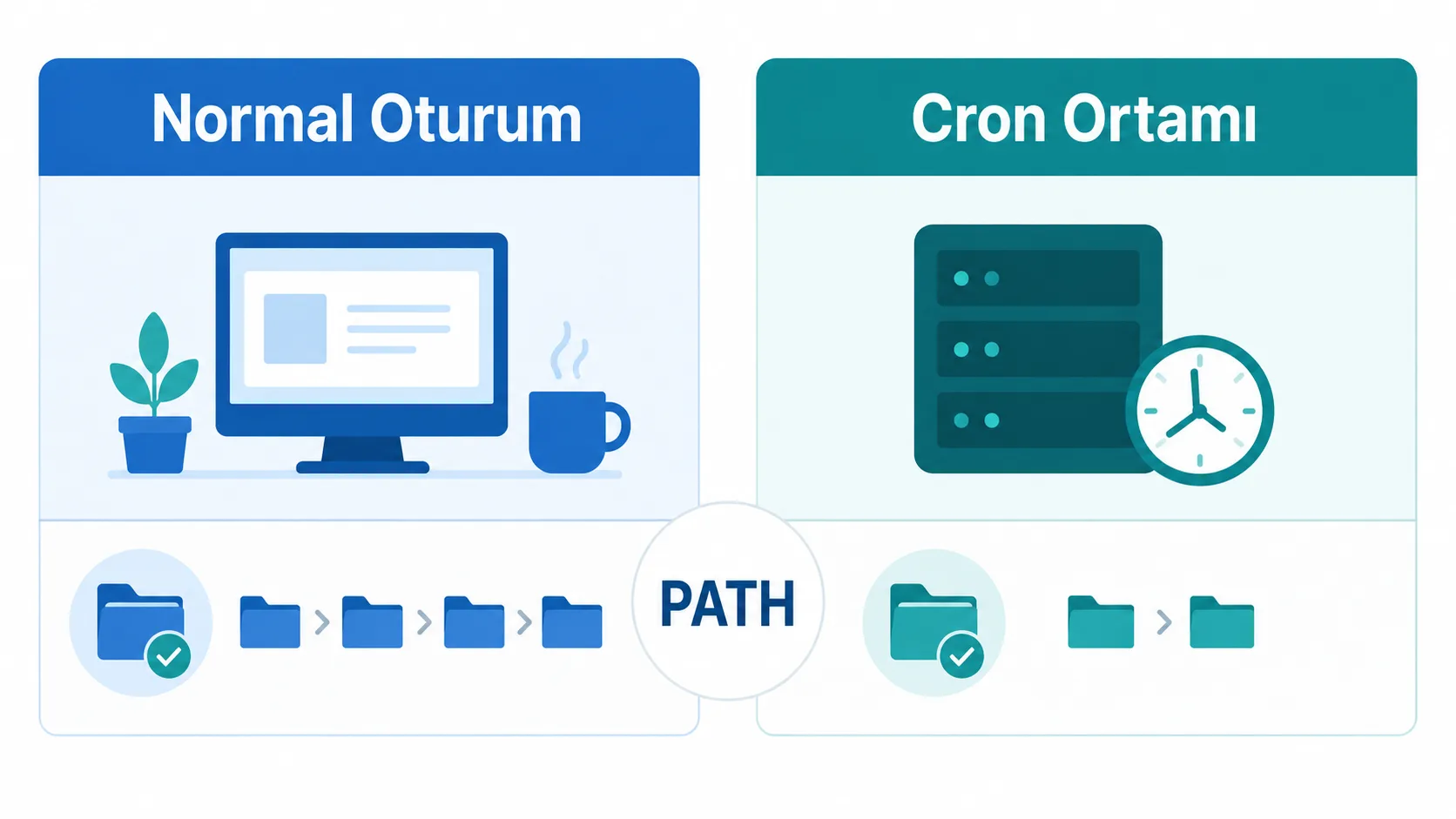 Cron ortamında PATH değişkeninin normal oturumdan farklı olmasını gösteren karşılaştırma şeması