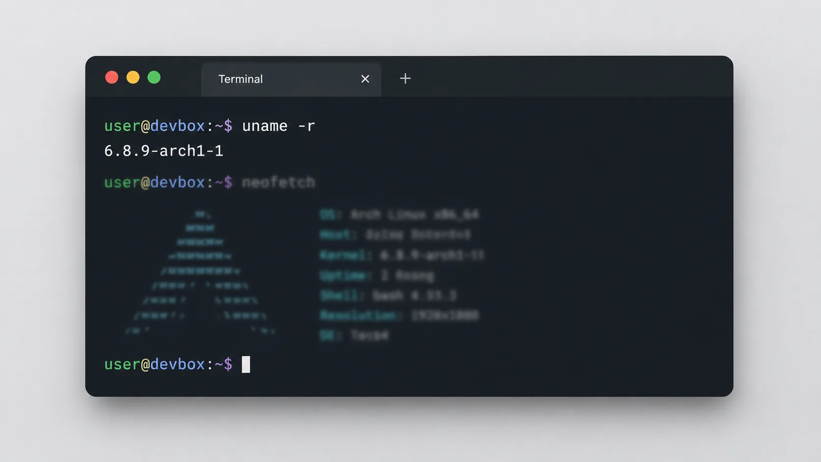 Terminal ekranında uname -r ve top komutlarıyla kernel sürümü ve sistem zamanı sütunlarının görüntülenmesi