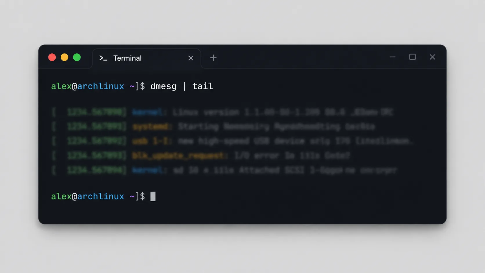 Terminal ekranında dmesg ve journalctl komutlarıyla kernel log kayıtlarının incelenmesi
