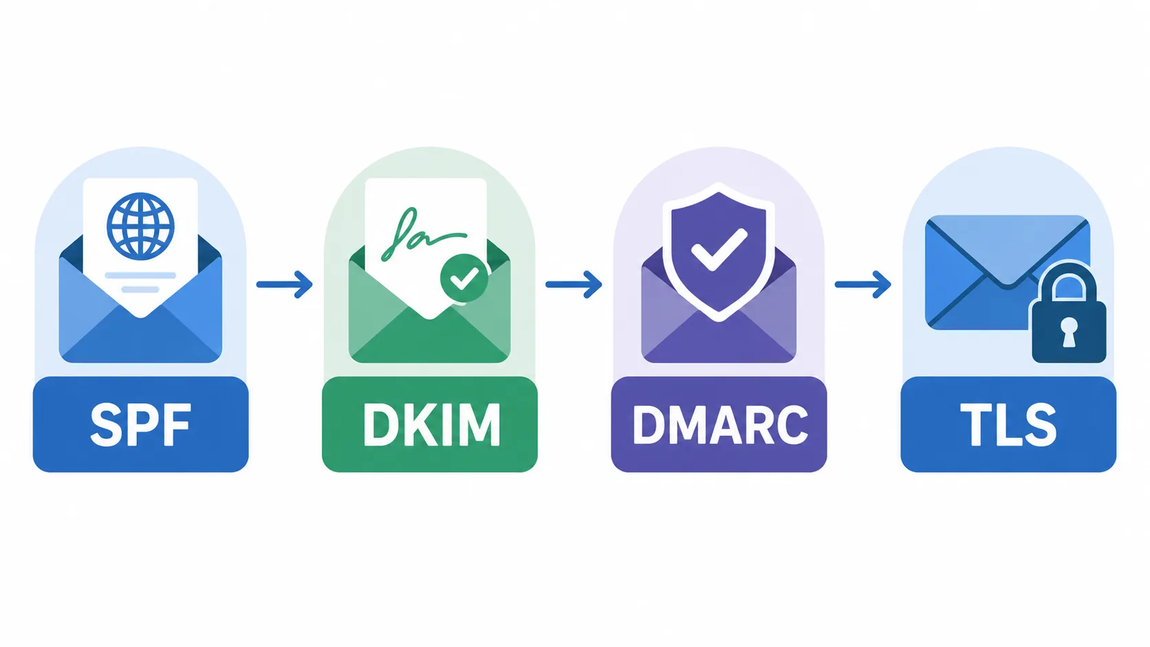 SPF, DKIM, DMARC ve TLS'in bir e-postanın güvenliğinde birlikte nasıl çalıştığını gösteren şema