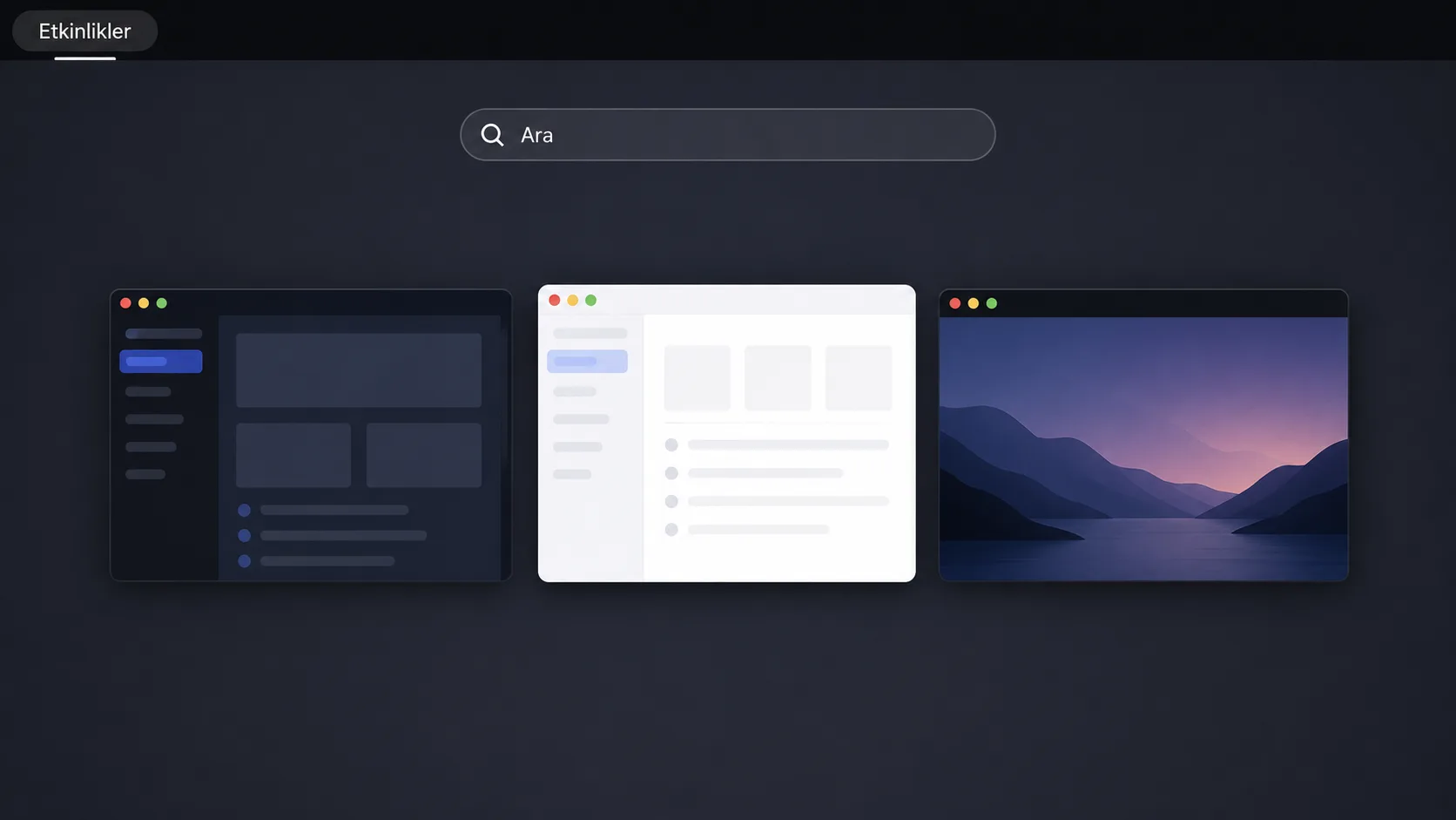 GNOME masaüstünün sade üst panel ve etkinlikler görünümü