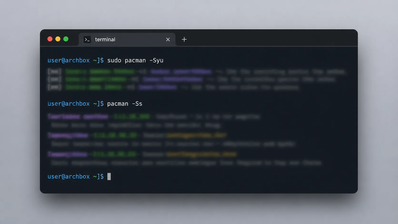 Pacman paket yöneticisi komutlarını gösteren terminal penceresi