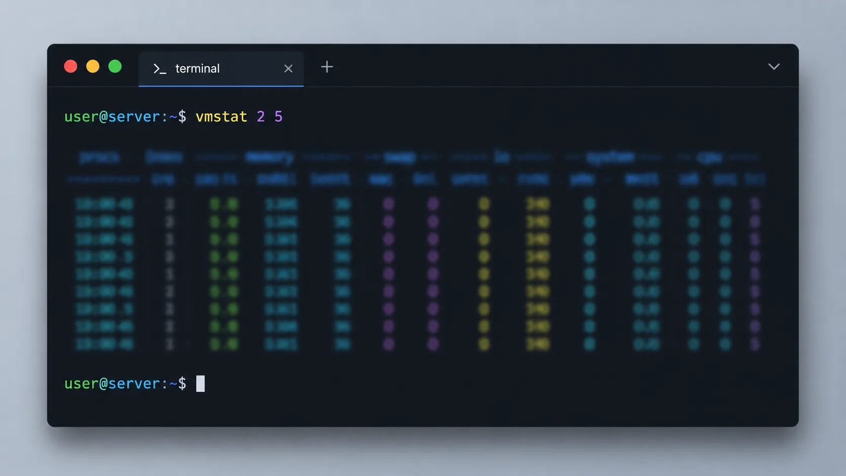 Terminalde vmstat komutunun swap ve bellek sütunlarını gösteren pencere