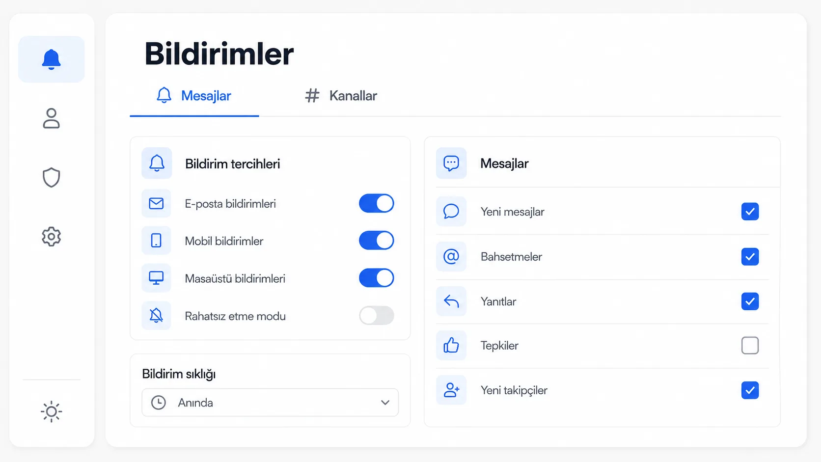 Teams bildirim ayarları panelinin sadeleştirilmiş arayüz görünümü