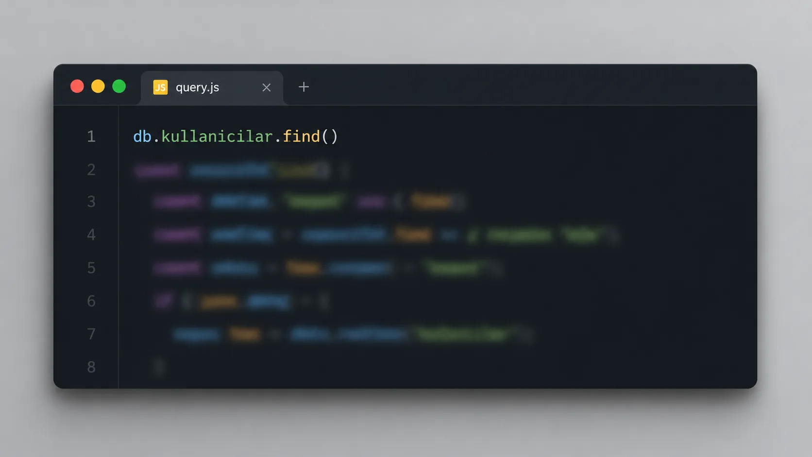 MongoDB'de belge ekleme ve sorgulama komutlarını gösteren koyu temalı kod editörü penceresi