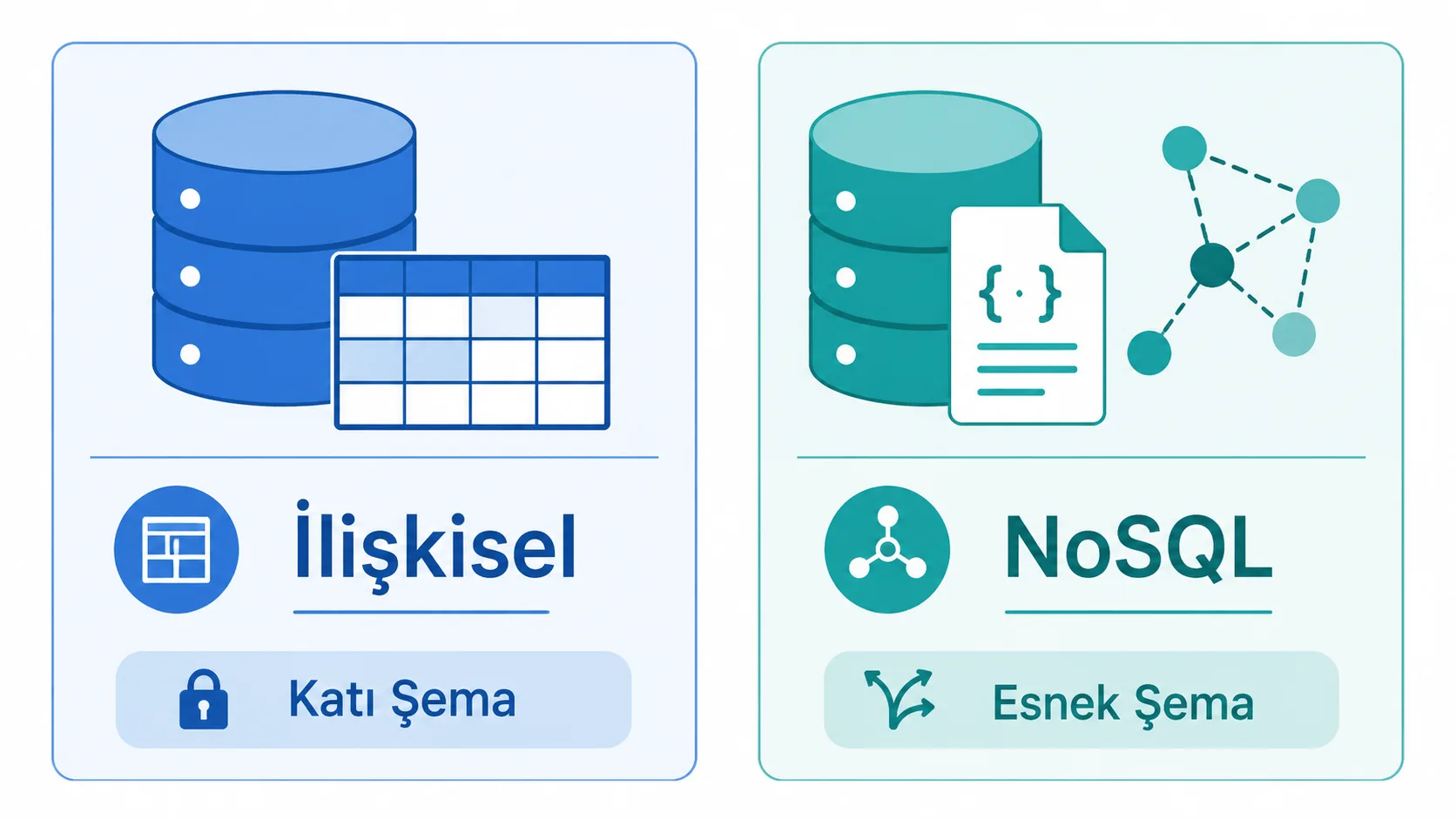 İlişkisel veritabanı ile NoSQL veritabanını şema esnekliği ve ölçeklendirme açısından karşılaştıran şema