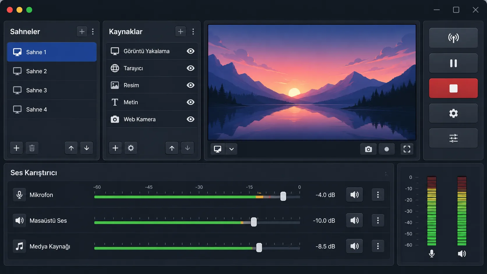 OBS Studio'da sahne ve kaynak listesini gösteren sade panel mock-up'ı