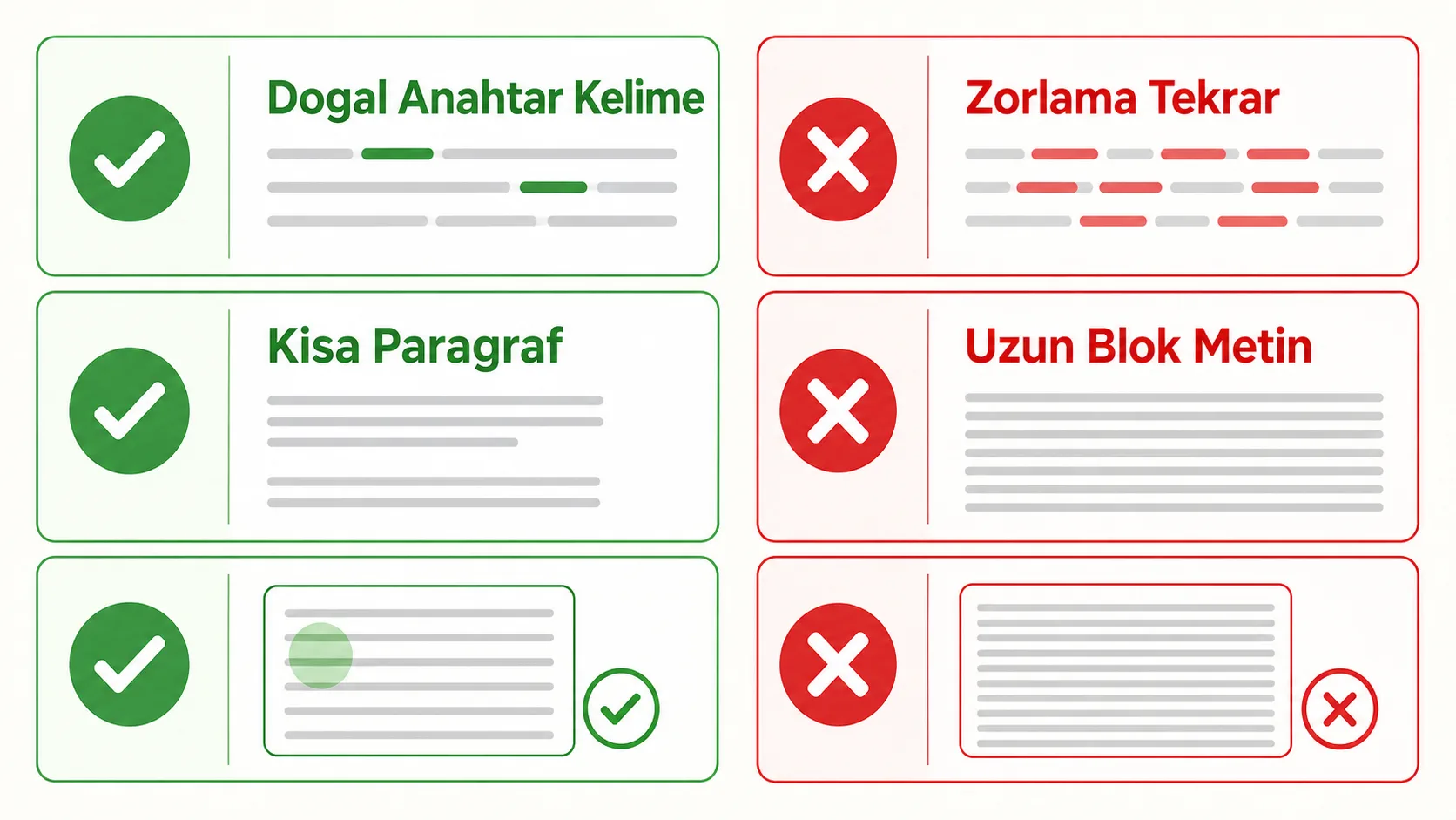 İyi ve kötü içerik optimizasyonu pratiklerini karşılaştıran akış şeması