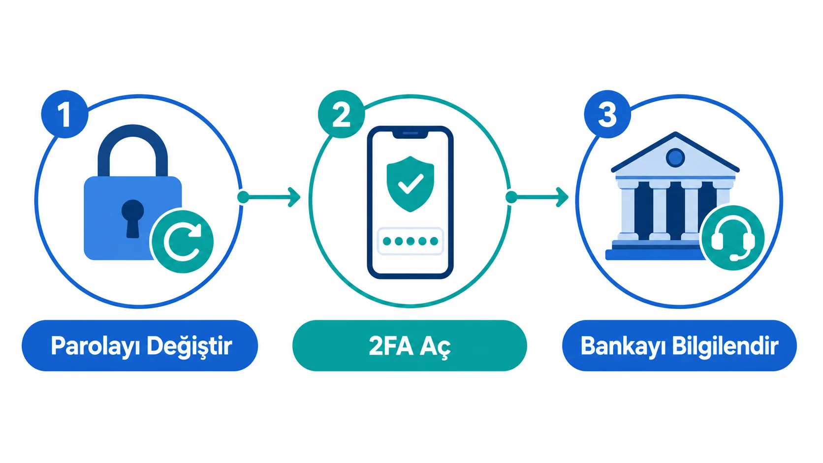 Bir phishing tuzağına düşüldüğünde izlenecek beş adımı sırayla gösteren şema