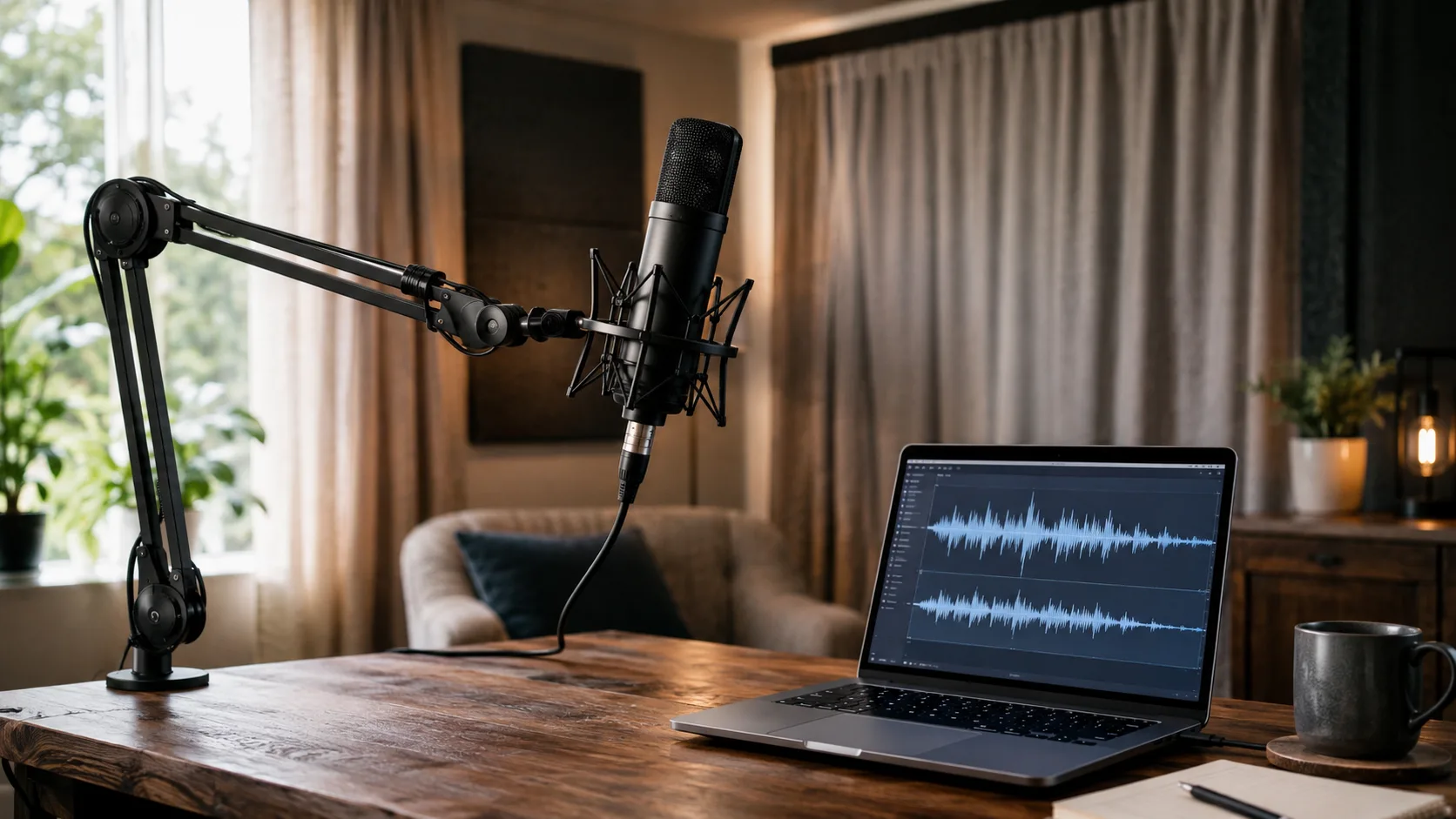 Ev ortamında kumaş kaplı bir odada USB mikrofonla podcast kaydı yapan bir kişi