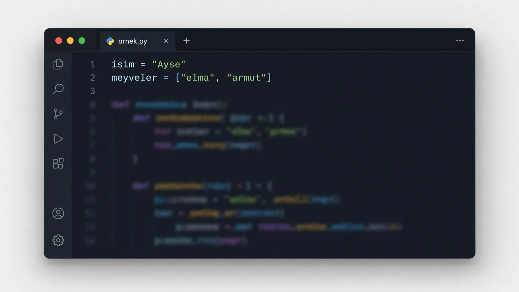 Python kod editöründe değişken tanımlama ve liste, sözlük örneklerini gösteren ekran görünümü