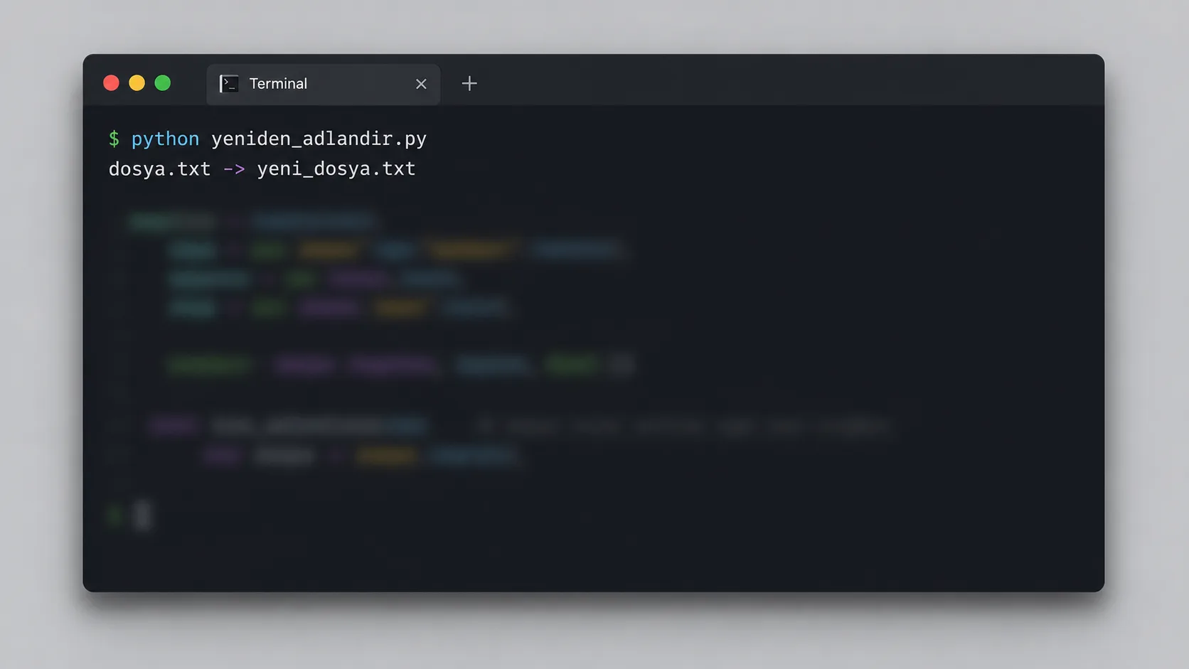 Dosyaları otomatik yeniden adlandıran kısa bir Python betiğinin terminalde çalıştırılmış hâli