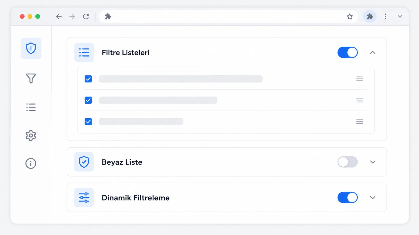 uBlock Origin benzeri bir eklentinin ayar panelinde filtre listelerini ve beyaz liste seçeneklerini gösteren arayüz taslağı