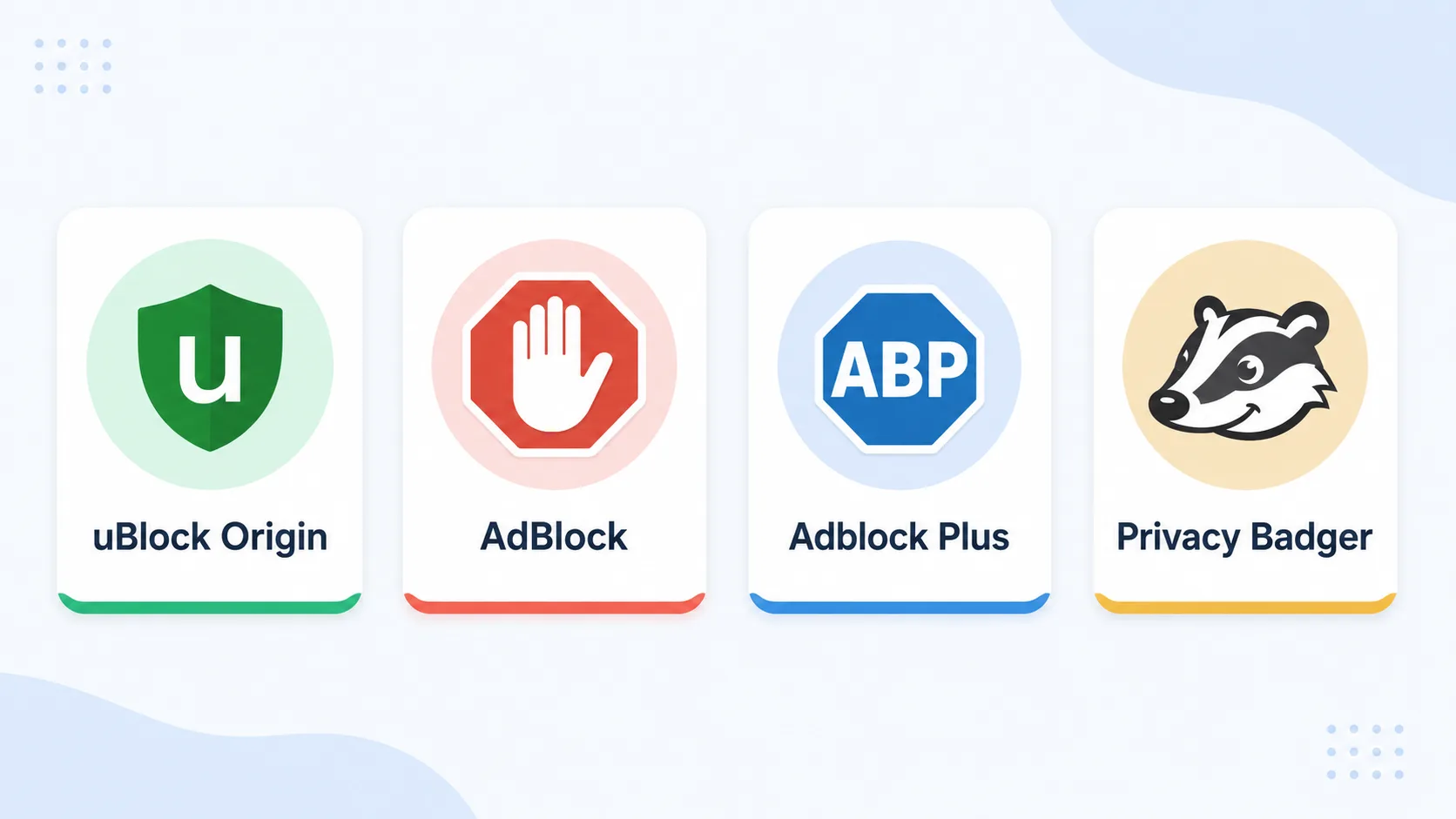 uBlock Origin, AdBlock, Adblock Plus ve Privacy Badger'ın kaynak kullanımı ve yaklaşımını karşılaştıran şema