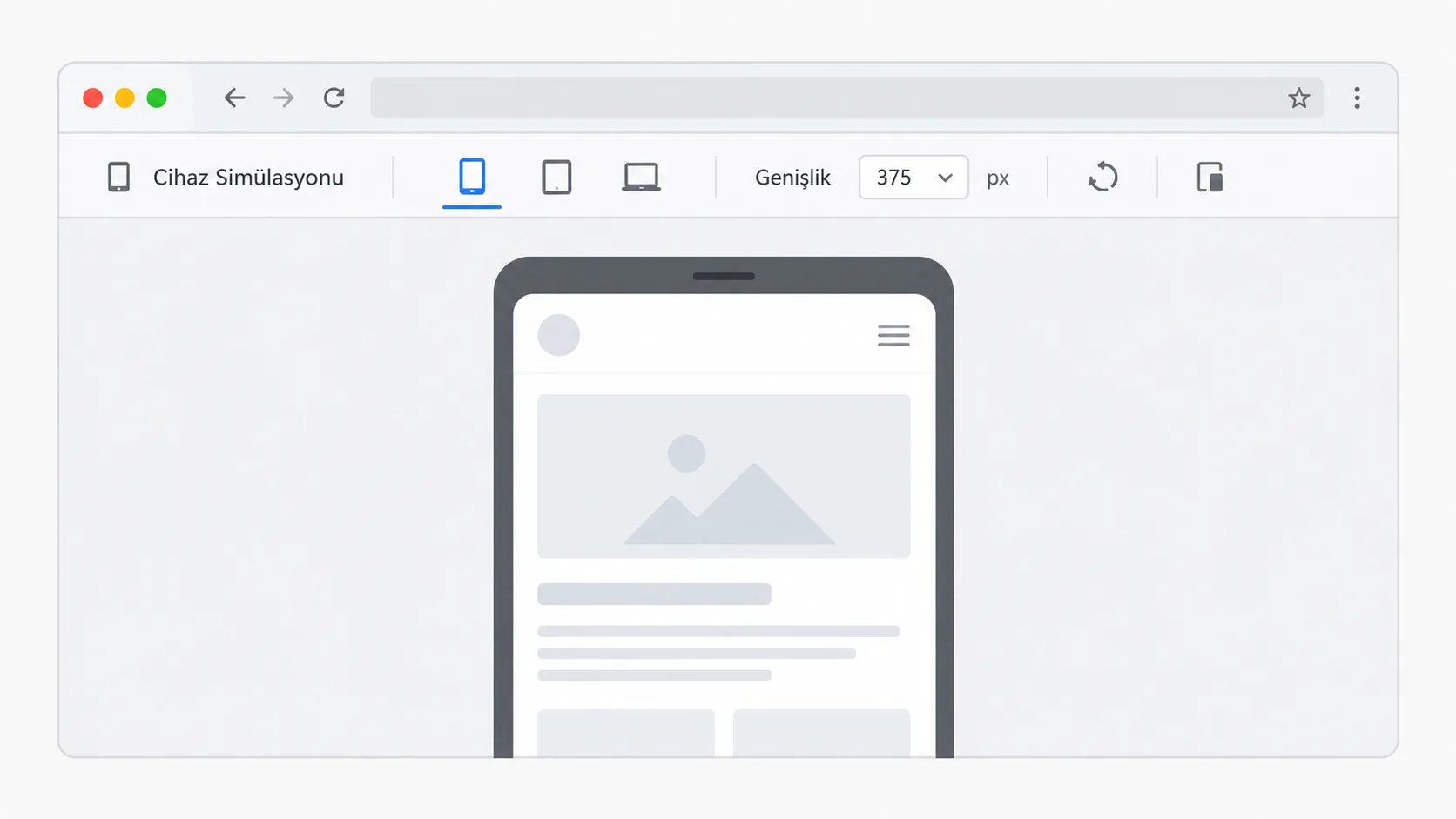 Tarayıcı geliştirici araçlarında cihaz simülasyonu ile responsive test ekranı
