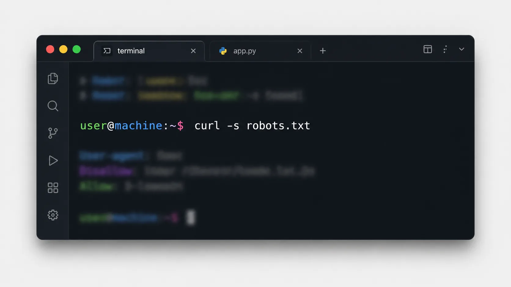 Terminalde bir sitenin robots.txt dosyasını kontrol eden komutu gösteren stilize kod penceresi