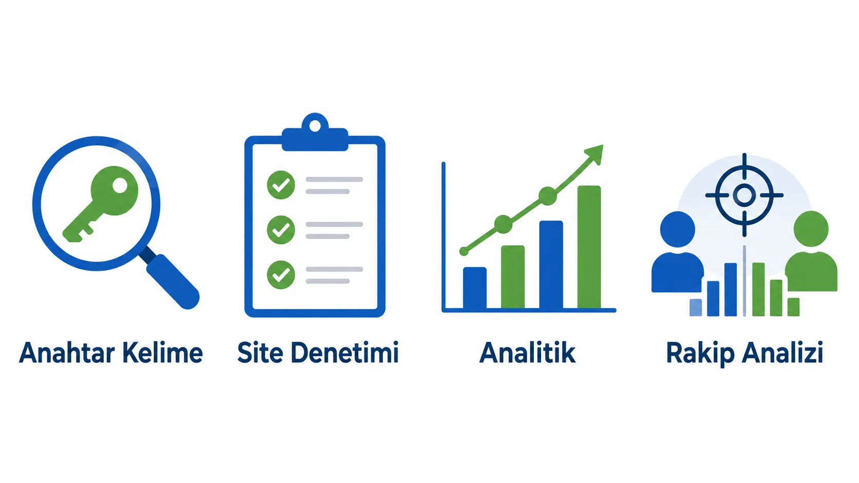 Anahtar kelime, site denetimi, analitik ve rakip analizi araç kategorilerini gösteren infografik