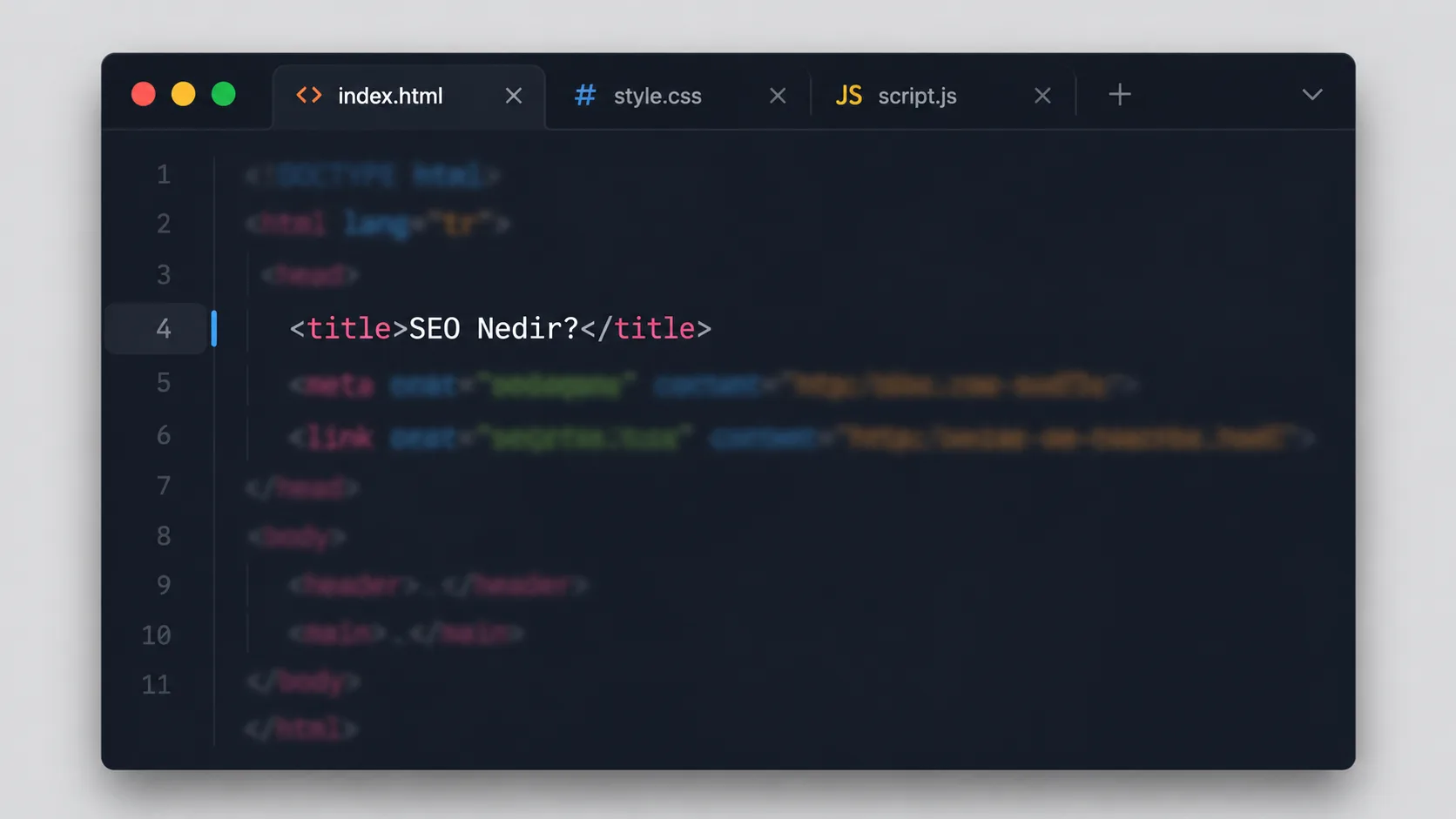 HTML başlık etiketi ve meta açıklama kodunu gösteren stilize kod editörü penceresi