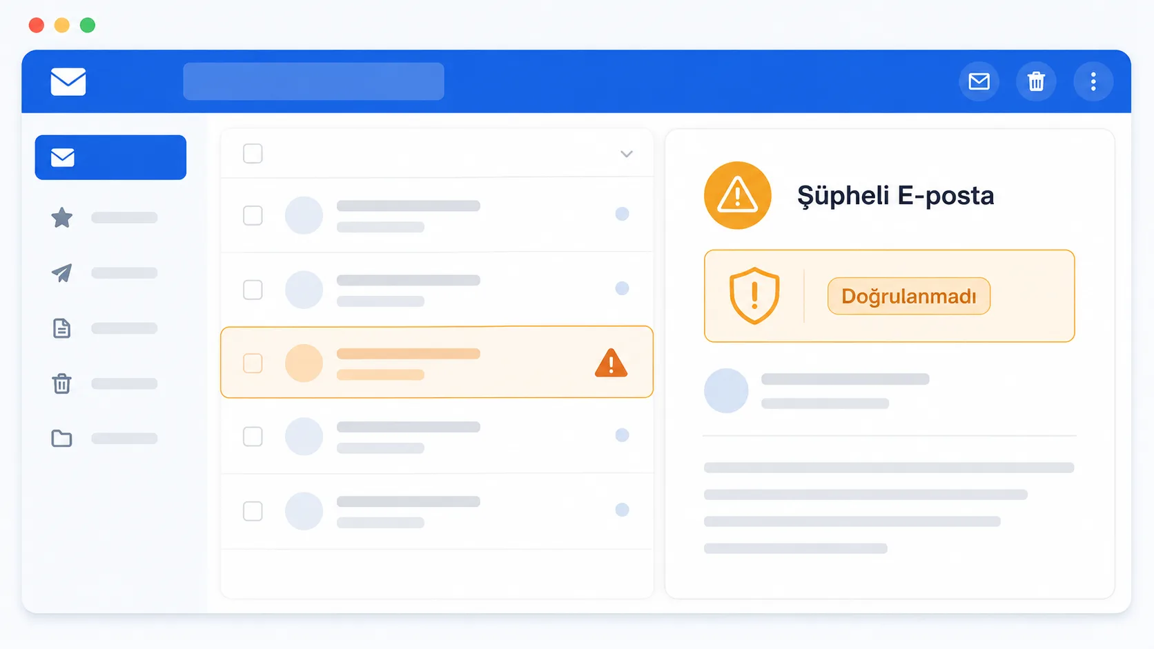 Şüpheli bir kimlik avı e-postasındaki aciliyet dili ve sahte gönderen adresini işaretleyen arayüz mock-up'ı