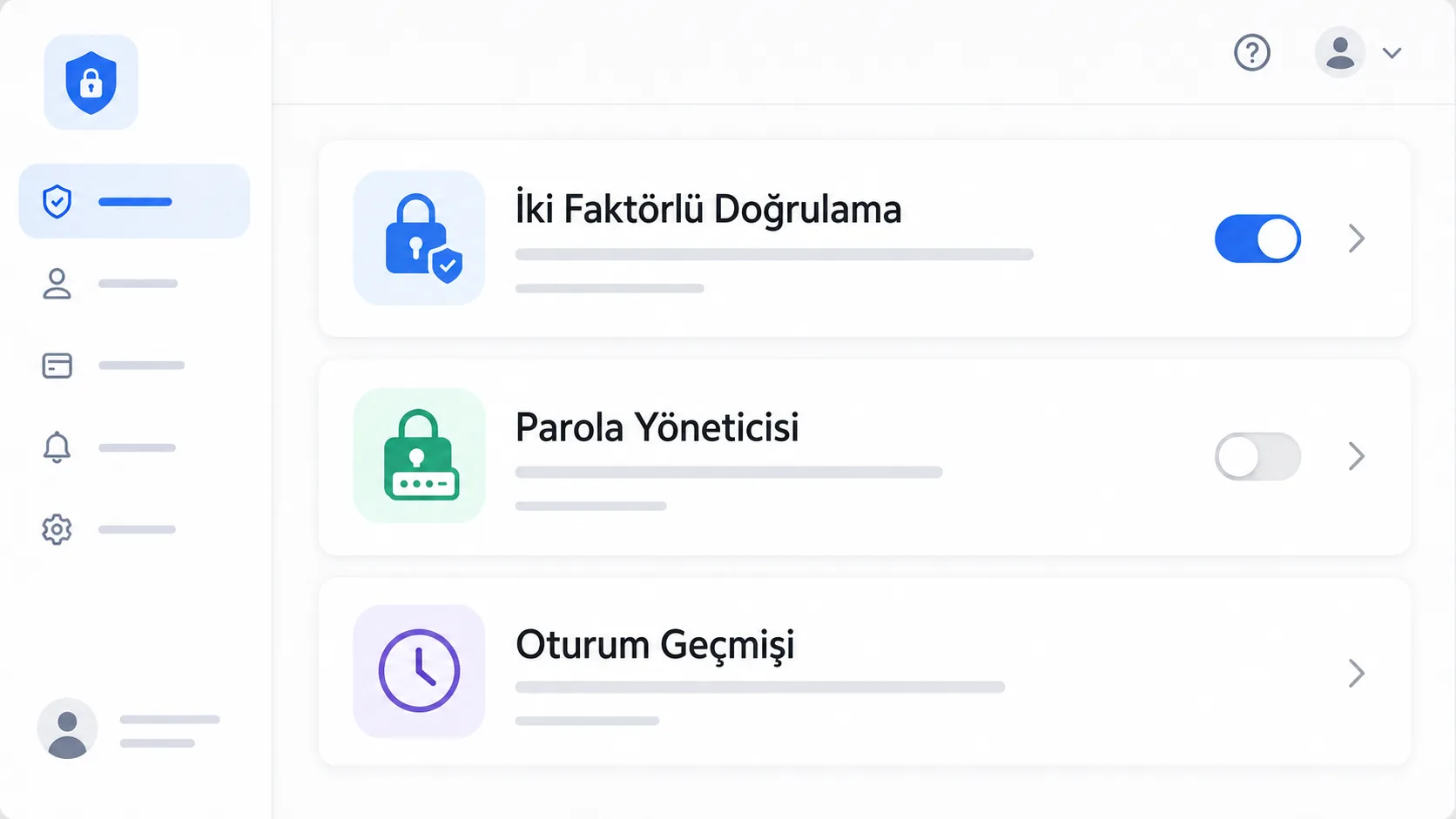 İki faktörlü kimlik doğrulama ayarlarını gösteren stilize bir güvenlik ayarları paneli
