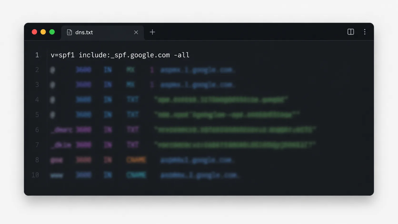 SPF DNS TXT kaydının terminal benzeri bir pencerede gösterimi
