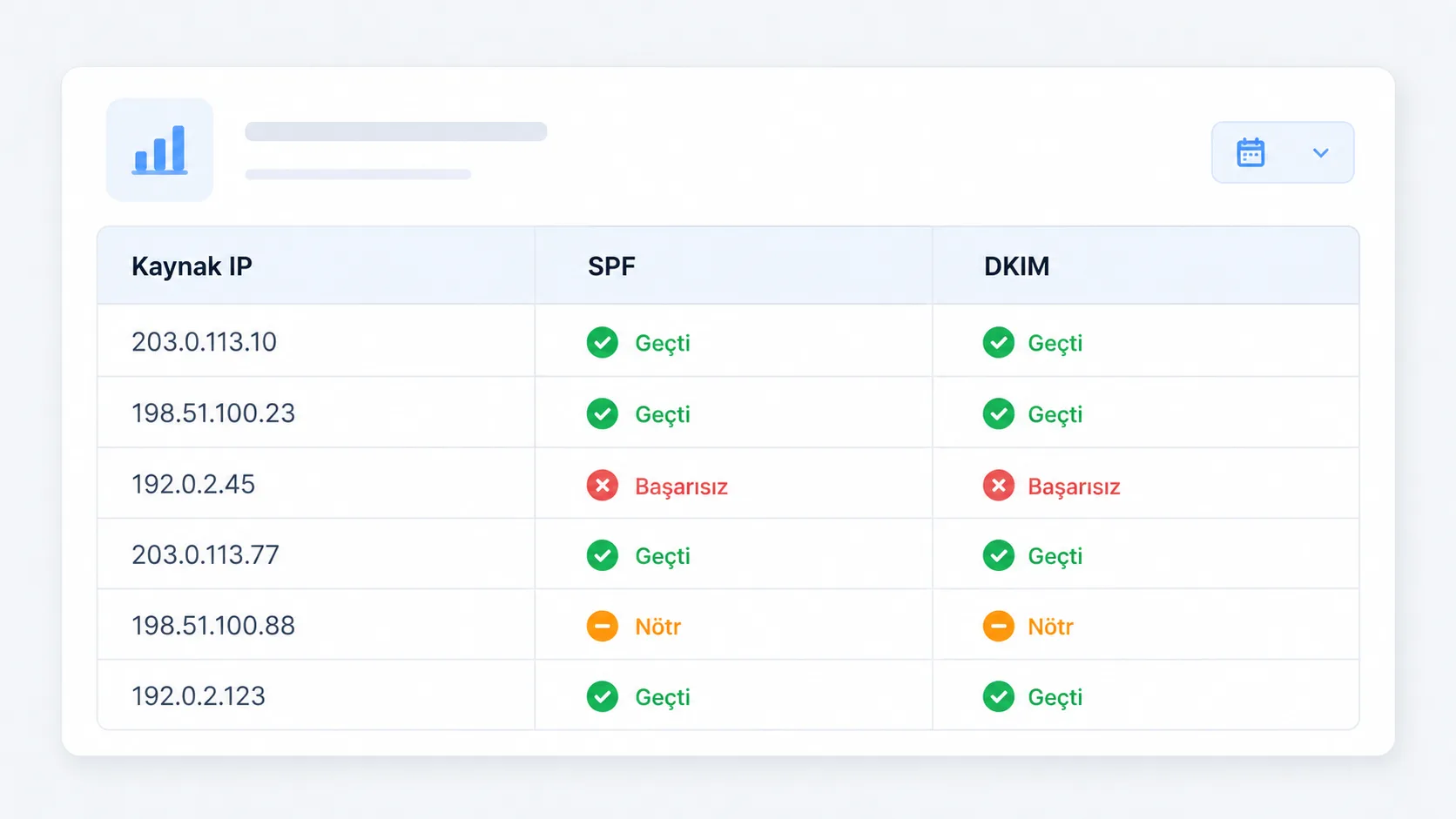 DMARC raporu tablosunu gösteren sade bir panel arayüzü mock-up'ı