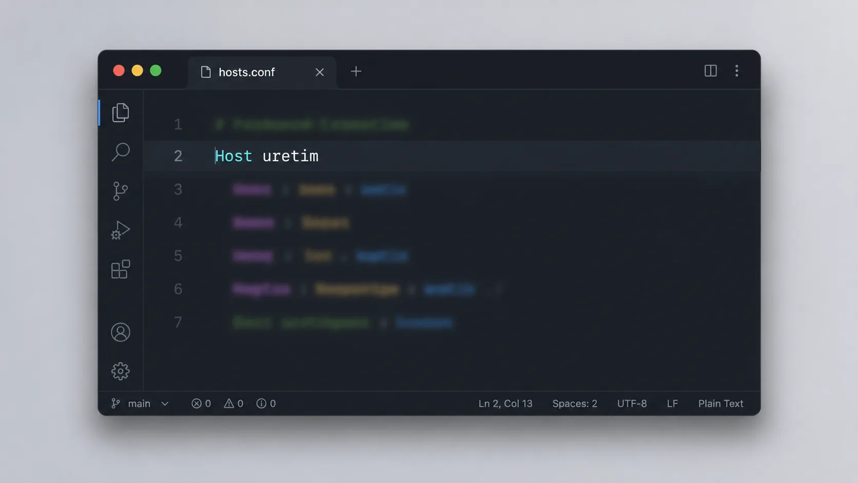 SSH config dosyasında sunucu takma adlarının tanımlandığı metin editörü görünümü