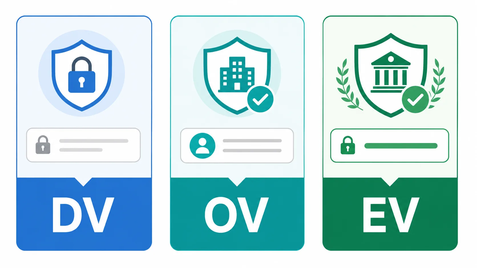 DV, OV ve EV sertifika türlerinin doğrulama seviyesine göre karşılaştırıldığı infografik
