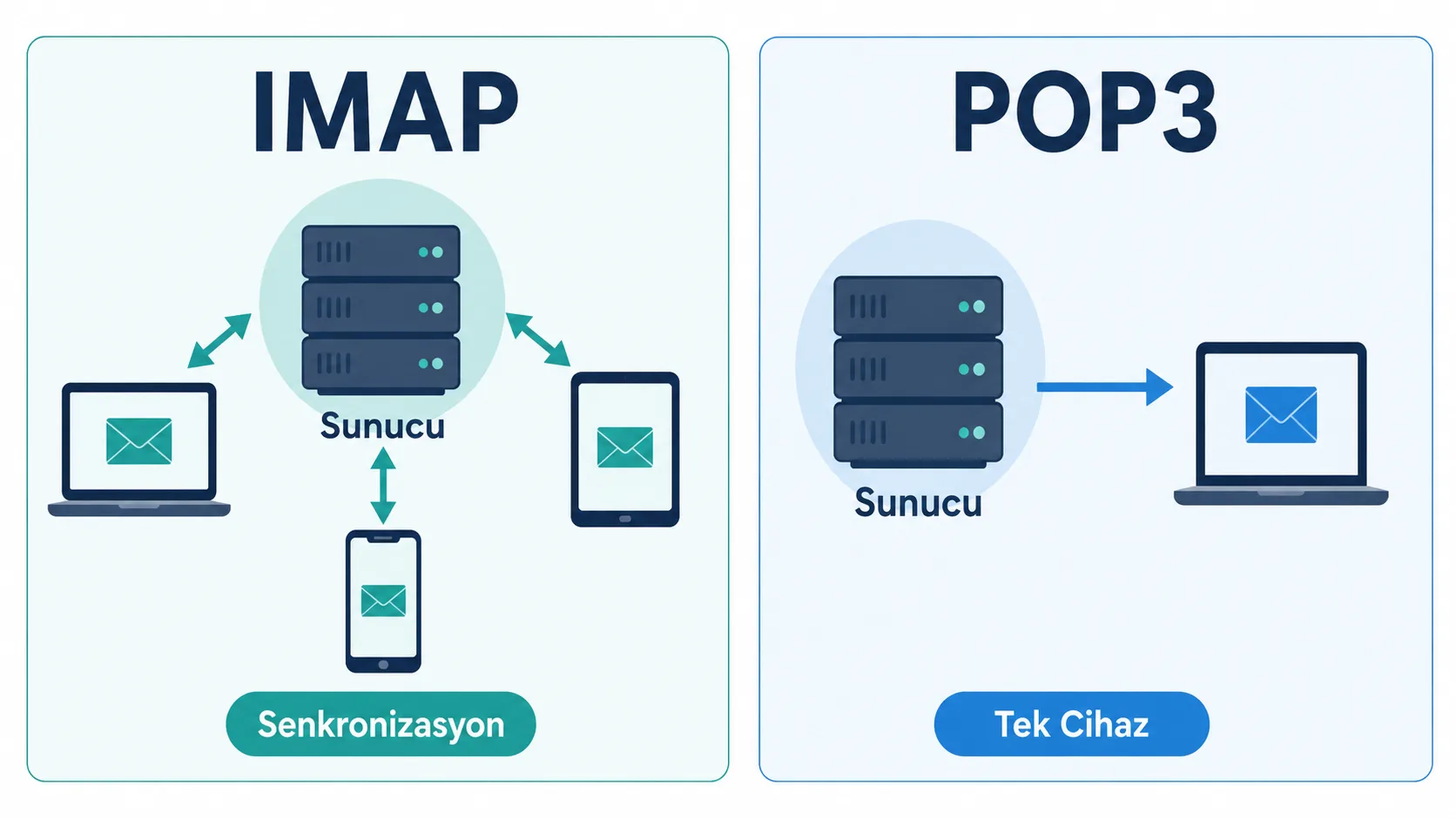 IMAP ile çoklu cihazlar arasında senkronize olan posta kutusunun POP3'ten farkını gösteren şema