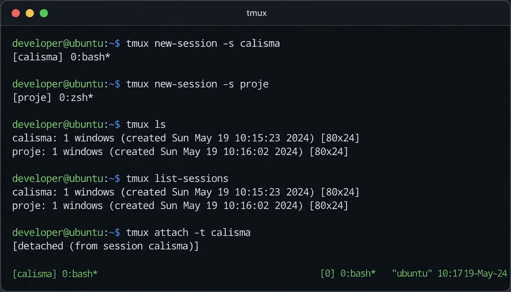 tmux oturum başlatma ve listeleme komutlarının terminal görünümü