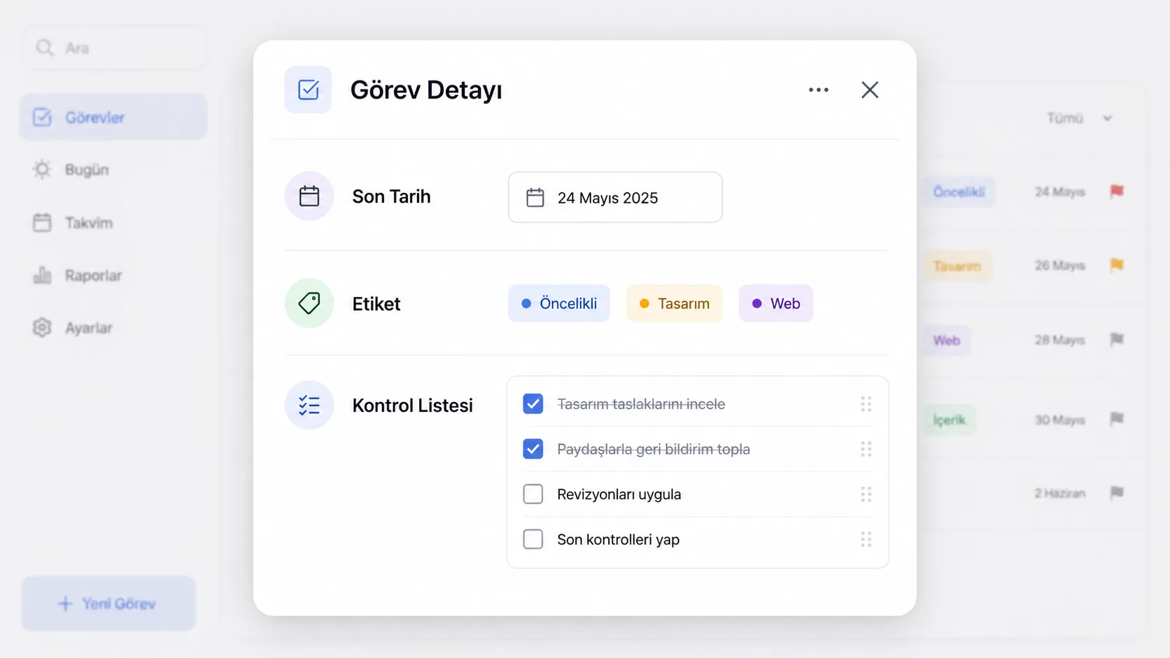 Bir Trello kartının detay görünümünde etiket ve son tarih alanları