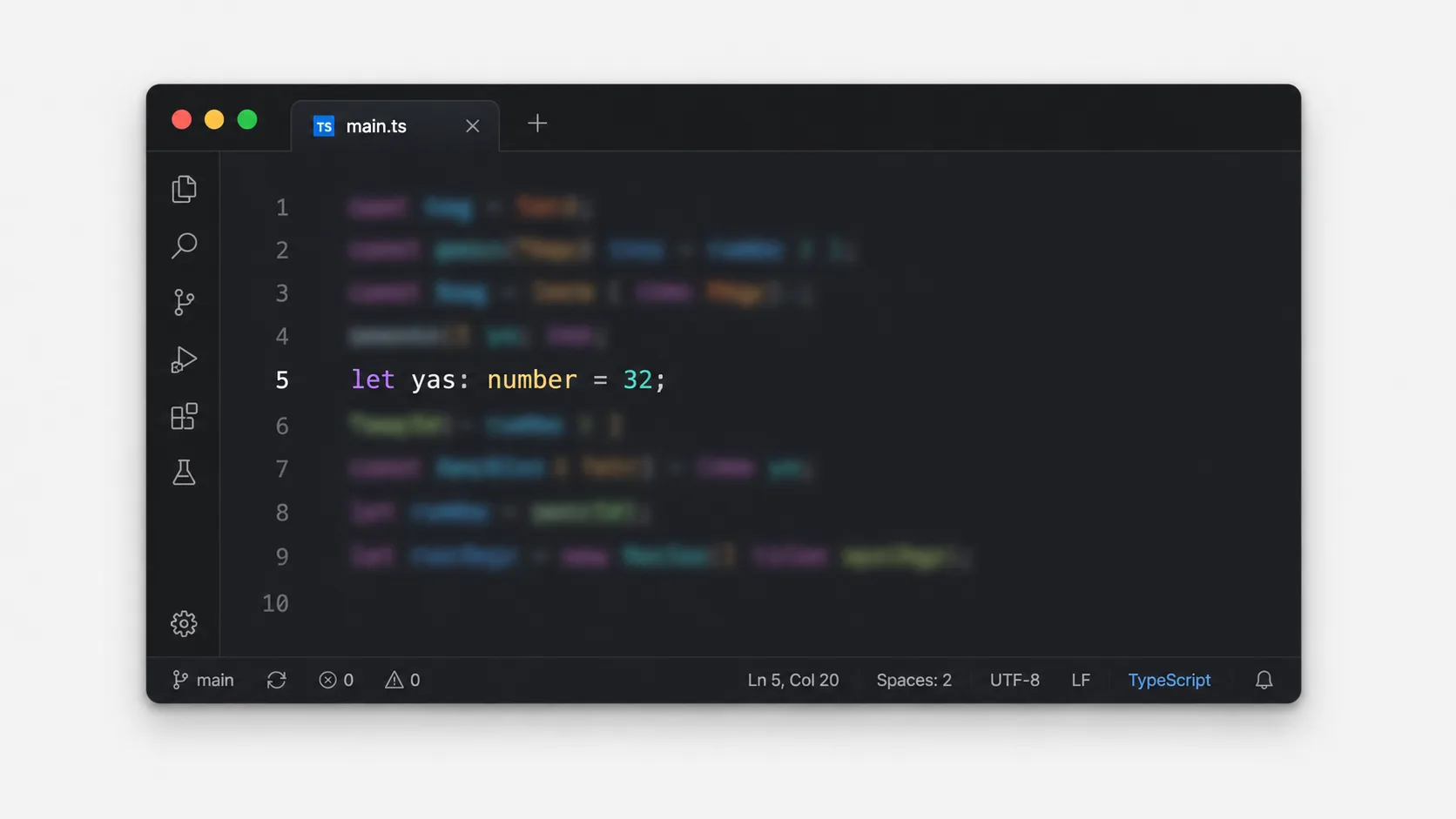 TypeScript kodunda değişken tip tanımları ve tip çıkarımını gösteren editör görünümü