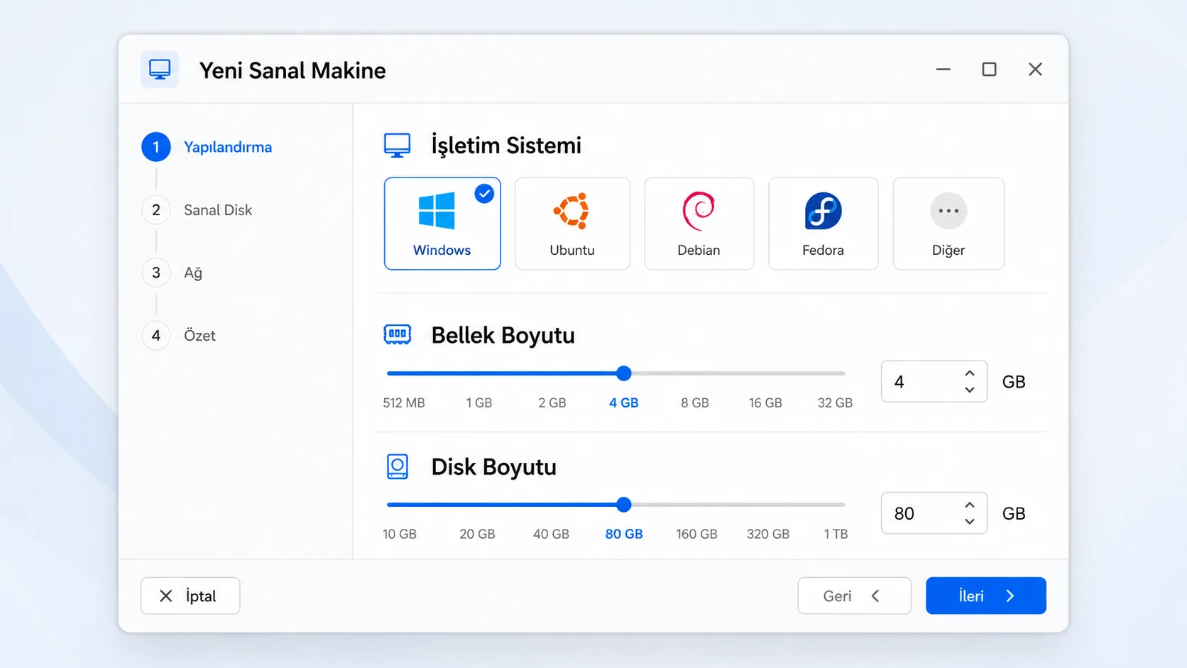 Yeni sanal makine oluşturma sihirbazının arayüz görünümü