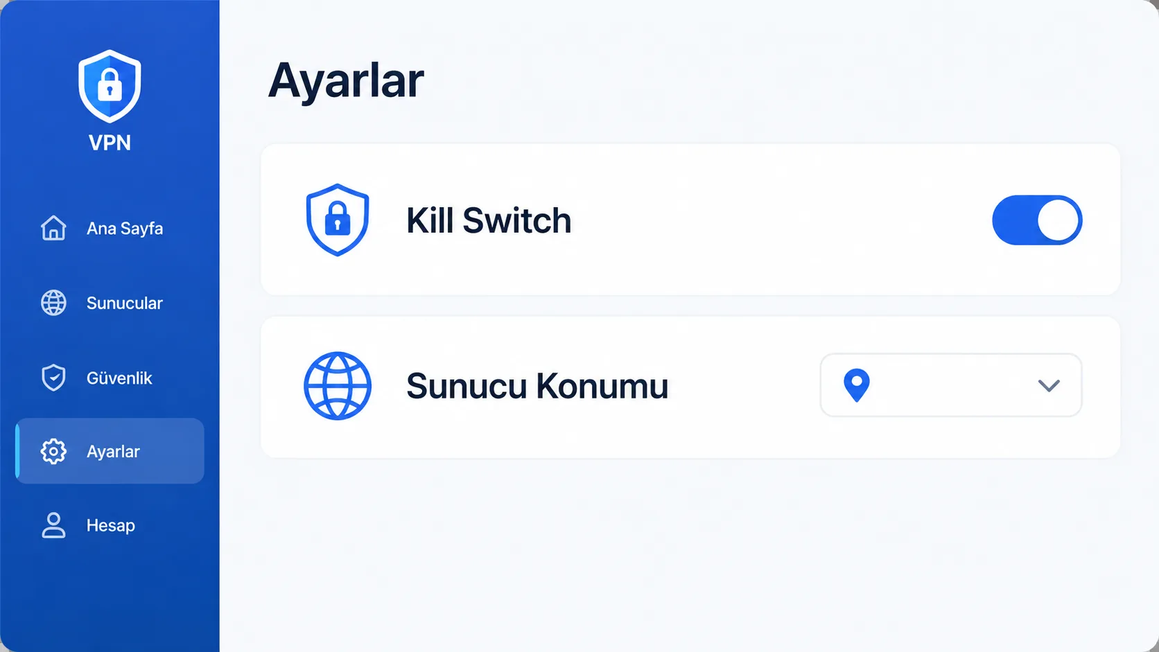 VPN uygulamasında kill switch ve sunucu konumu seçimini gösteren ayarlar ekranı