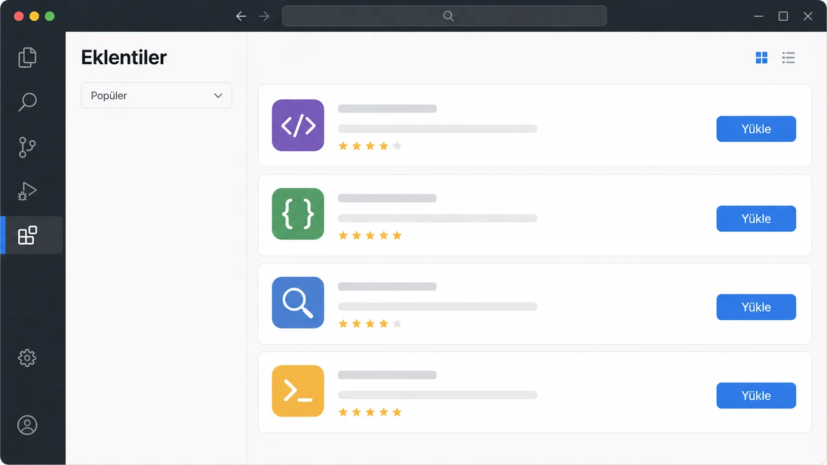 VS Code eklenti marketi arayüzünün stilize görünümü