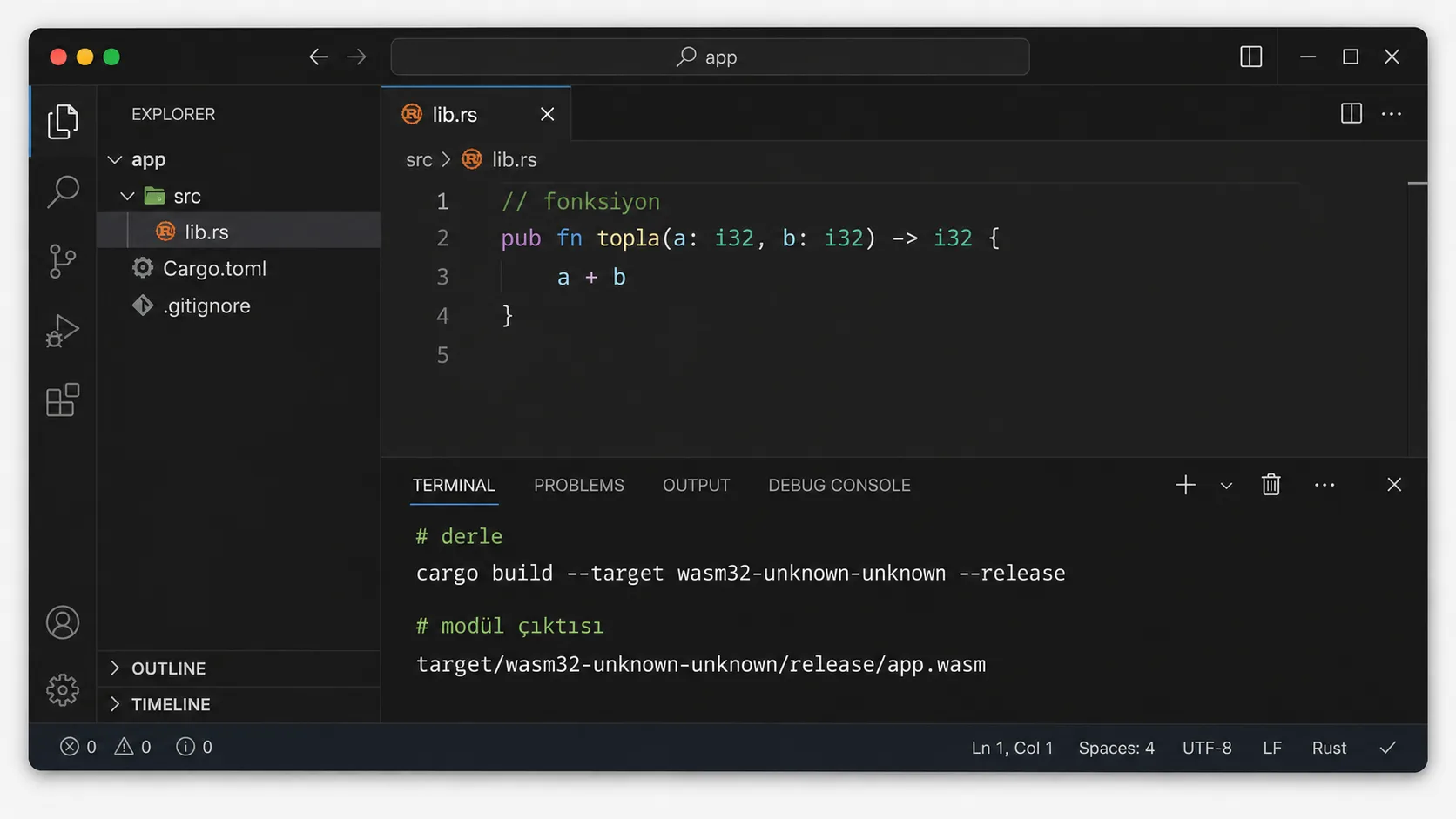 Rust kodunu WebAssembly modülüne derleyen terminal komutu ve basit bir fonksiyon örneği