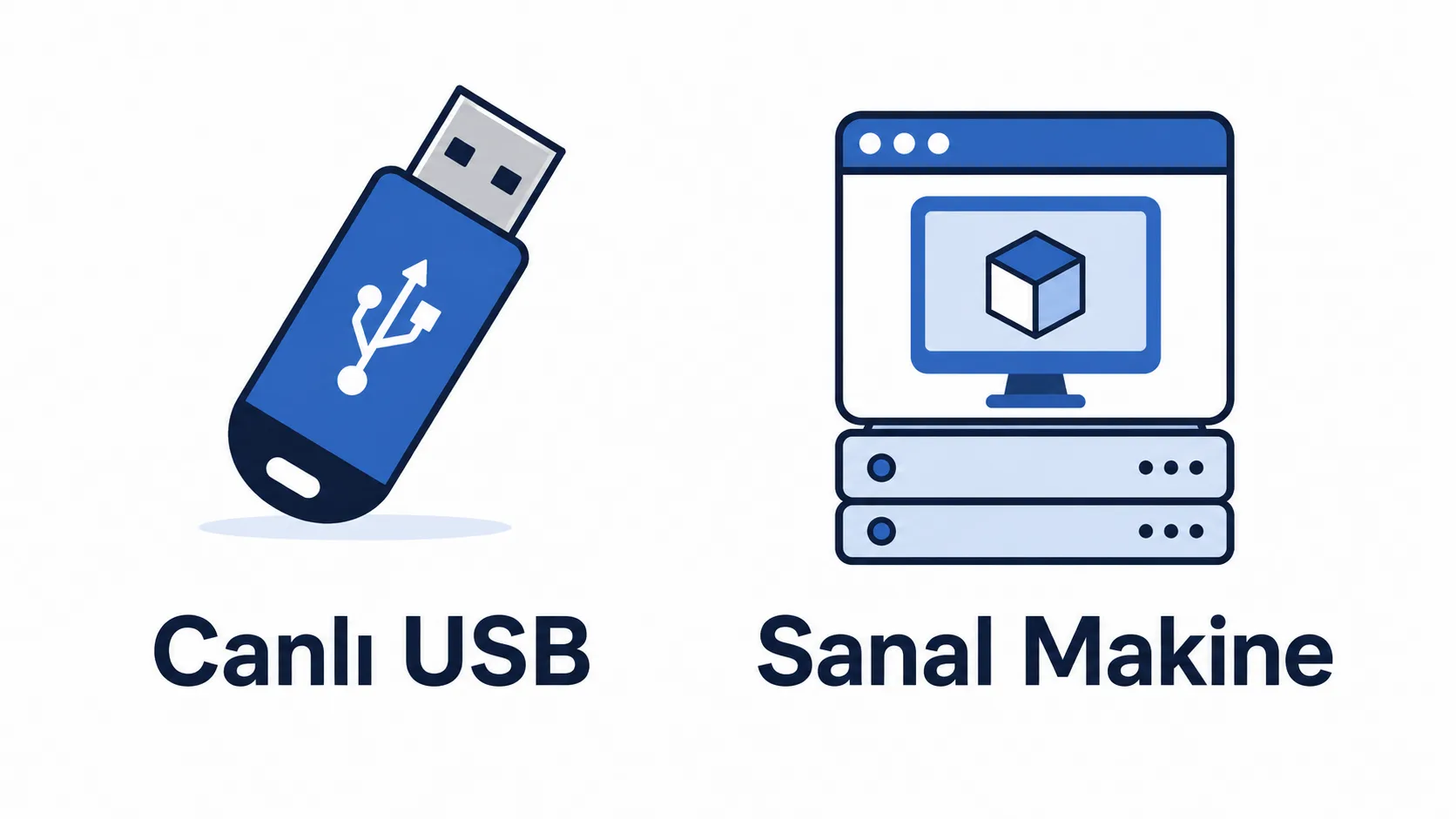 Linux'u denemenin canlı USB ve sanal makine seçeneklerini gösteren şema