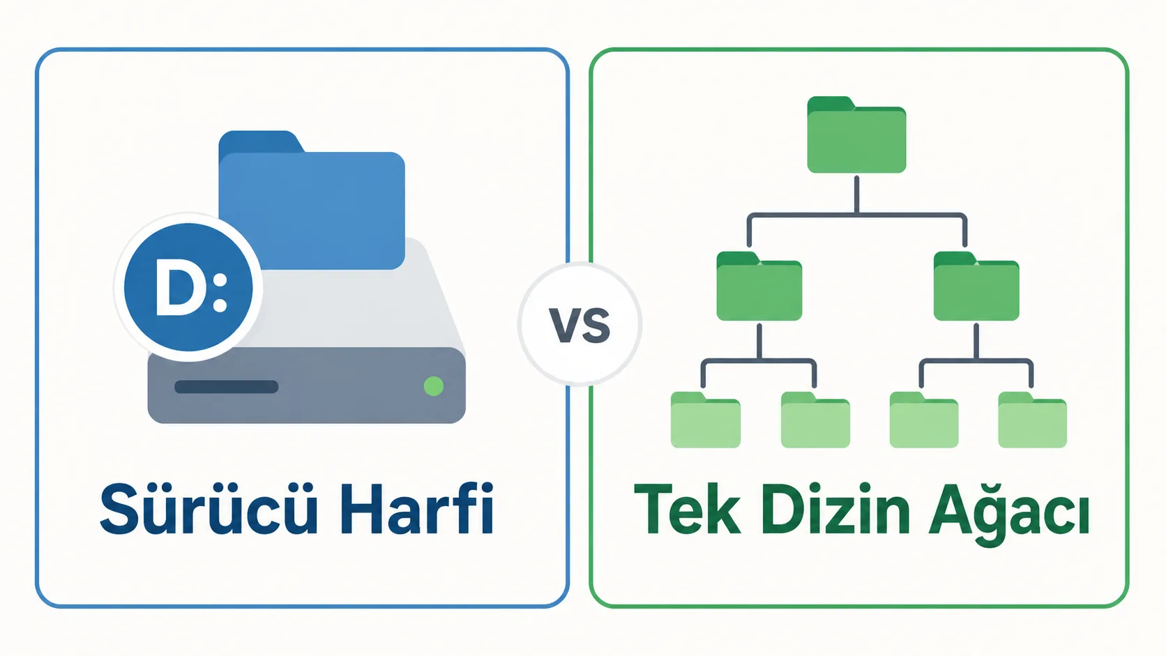 Windows ve Linux dosya sistemi alışkanlıklarını karşılaştıran şema