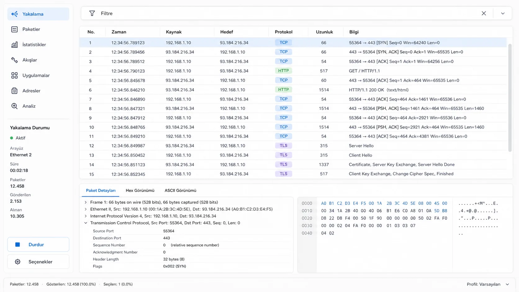 Wireshark'ta paket listesi ve filtre çubuğunu gösteren arayüz tasarımı