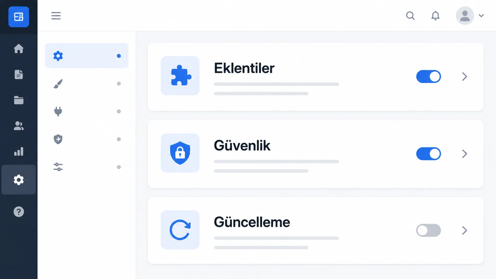 WordPress yönetim panelinde güvenlik ve eklenti ayarlarını gösteren stilize arayüz görseli