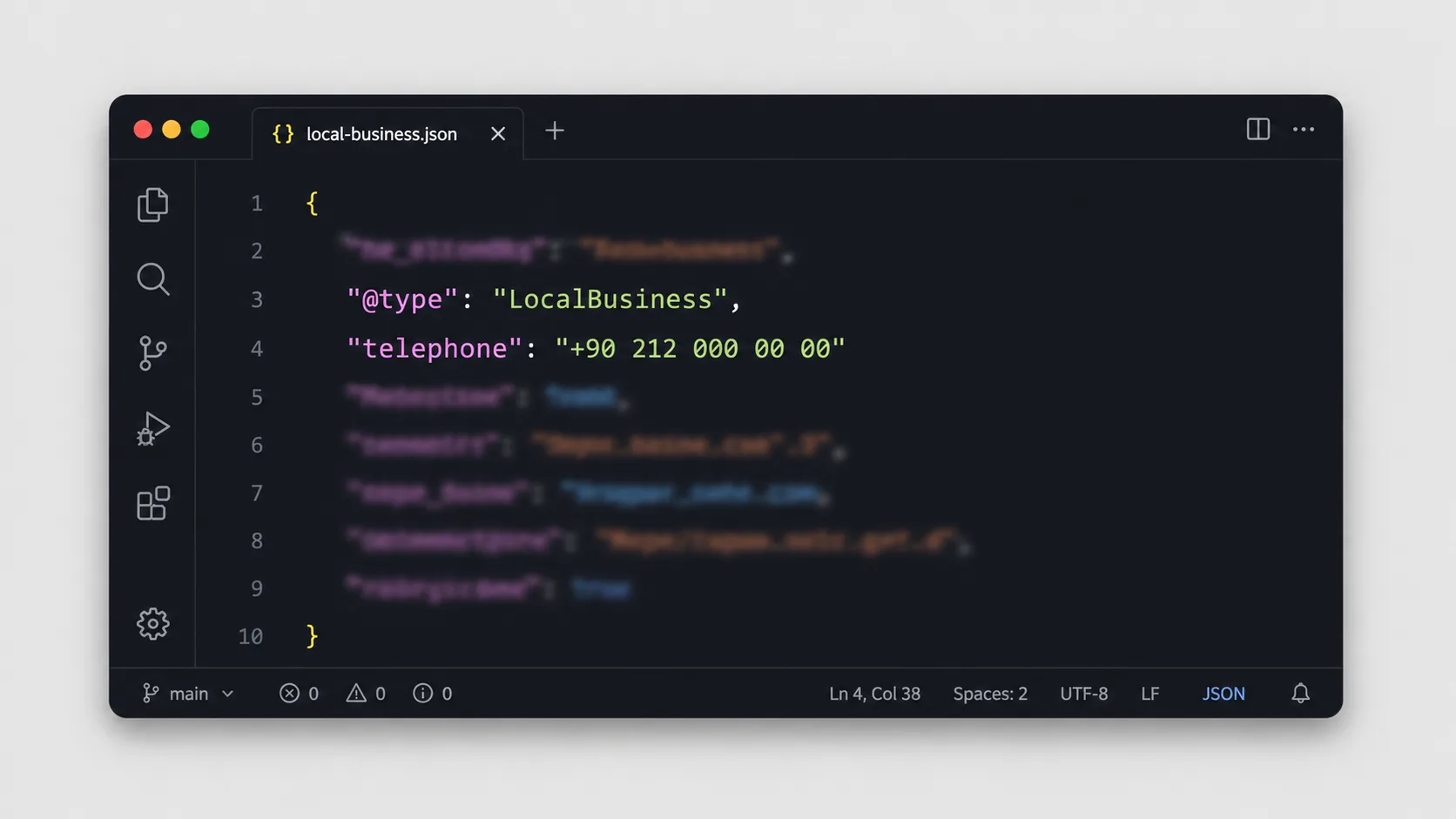 LocalBusiness JSON-LD şema kodunun düzenleyici penceresinde görünümü